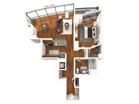 Floor plan for 1 bed, 1 bath, 906 sqft